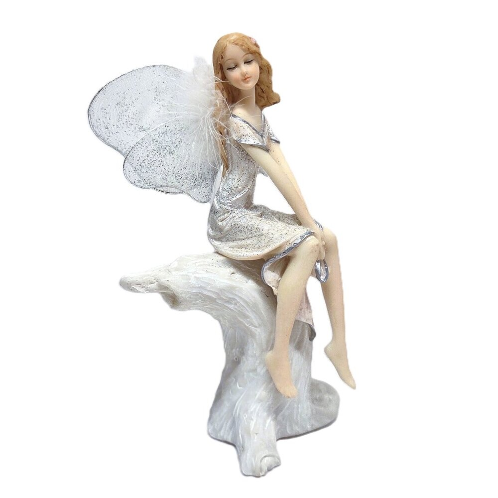 Silver Fairy Figurine Sitting White Tree Garden Butterfly Resin Statue 6.25"